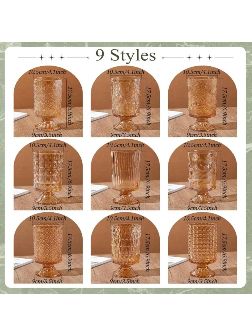 Set of 9 Embossed Flower Glass Vases - Pedestal Design, 7” H x 4” W, Home Decor